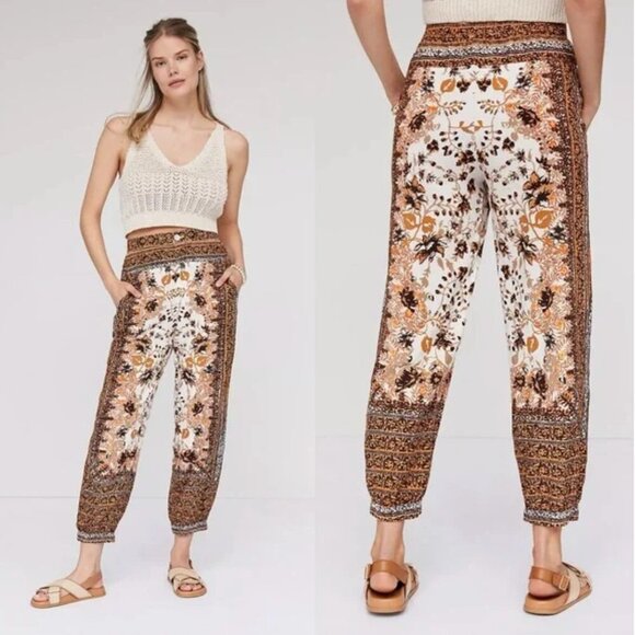 By Anthropologie Printed Joggers Linen Blend Brown Motif Boho Floral Size 6 - Picture 1 of 6